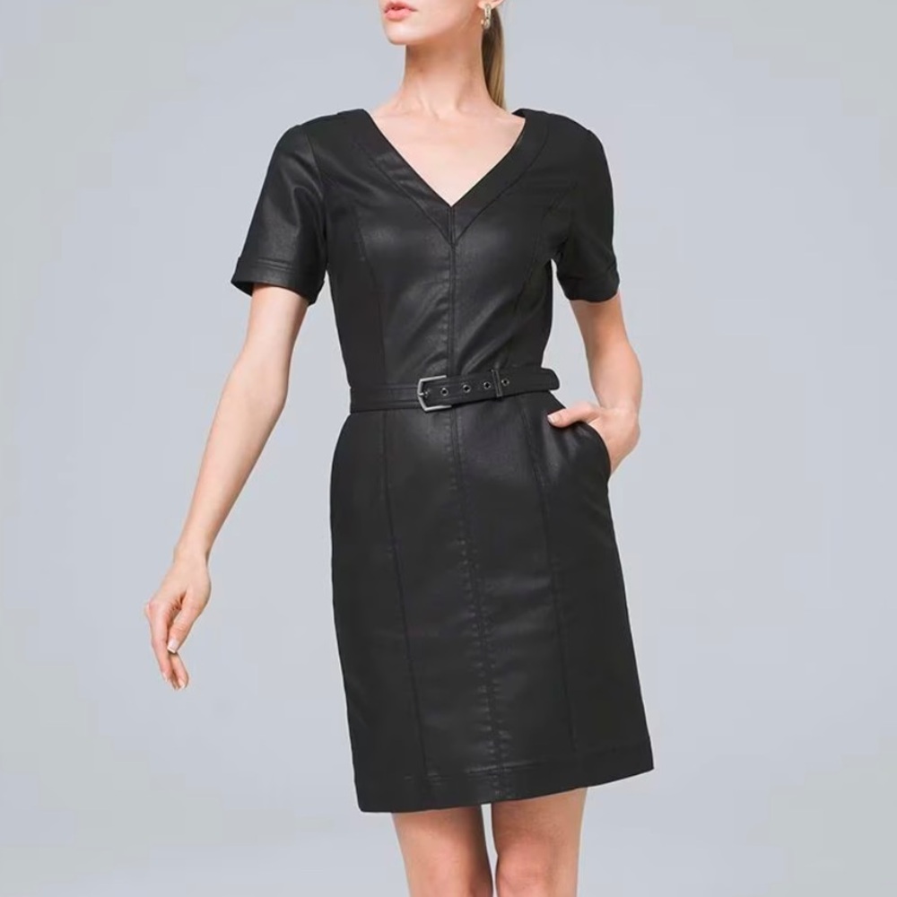 Black belted coated denim dress with pockets size 8 White House black market
